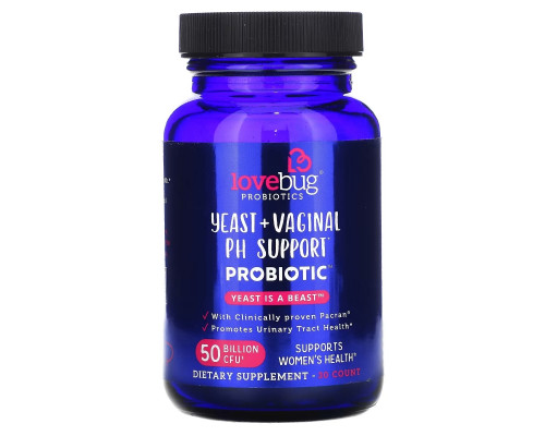 LoveBug Probiotics, Дрожжи и пробиотик для поддержки влагалищного уровня PH, повышенная эффективность, 50 млрд КОЕ, 30 шт. LoveBug Probiotics, Дрожжи и пробиотик для поддержки влагалищного уровня PH, повышенная эффективность, 50 млрд КОЕ, 30 шт.