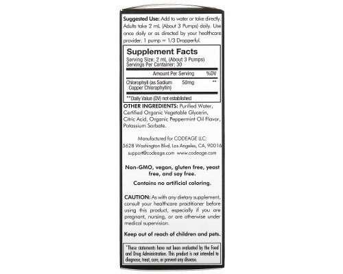 Codeage, Vegan Chlorophyll+ Liquid Drops, Non-GMO, Peppermint, 50 mg, 2 fl oz (60 ml) Codeage, Vegan Chlorophyll+ Liquid Drops, Non-GMO, Peppermint, 50 mg, 2 fl oz (60 ml)