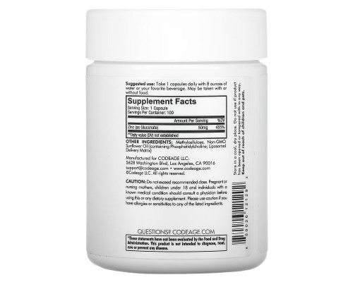 Codeage, Liposomal, Zinc 50, Non-GMO, Vegan, 100 Capsules Codeage, Liposomal, Zinc 50, Non-GMO, Vegan, 100 Capsules