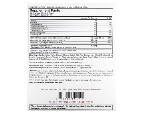 Codeage, Nanofood, Liposomal D3+K2+B12, Mixed Berry, 30 Pouches, 0.3 fl oz (10 ml) Each Codeage, Nanofood, Liposomal D3+K2+B12, Mixed Berry, 30 Pouches, 0.3 fl oz (10 ml) Each