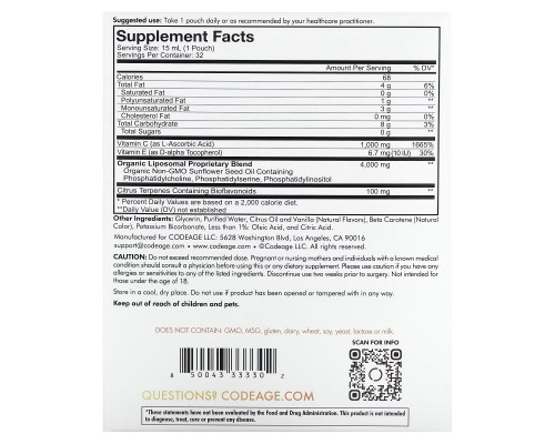 Codeage, Liposomal Vitamin C, Citrus Vanilla, 1,000 mg, 32 Pouches, 0.5 fl oz (15 ml) each Codeage, Liposomal Vitamin C, Citrus Vanilla, 1,000 mg, 32 Pouches, 0.5 fl oz (15 ml) each