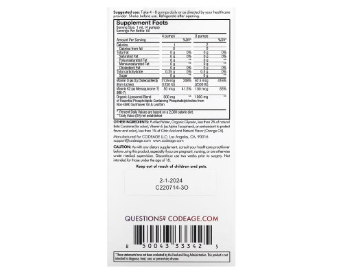 Codeage, Liposomal Vitamin D3+K2, Orange, 2 fl oz (59.2 ml) Codeage, Liposomal Vitamin D3+K2, Orange, 2 fl oz (59.2 ml)