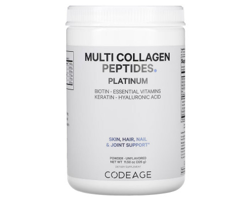 Codeage, Platinum, Multi Collagen Peptides Powder, Biotin, Keratin, Hyaluronic Acid, Unflavored, 11.50 oz (326 g) Codeage, Platinum, Multi Collagen Peptides Powder, Biotin, Keratin, Hyaluronic Acid, Unflavored, 11.50 oz (326 g)