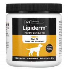 International Veterinary Sciences, Lipiderm, для здоровья кожи и шерсти, для собак, натуральная курица, 90 жевательных таблеток