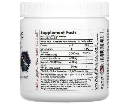 Sufficient C, High Dosed Immune-Ade Drink Mix, Lemon Peach, 4,000 mg, 125 g Sufficient C, High Dosed Immune-Ade Drink Mix, Lemon Peach, 4,000 mg, 125 g