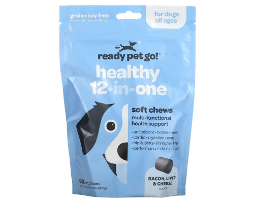 Ready Pet Go, Healthy 12-In-One, For Dogs, All Ages, Bacon, Liver & Cheese, 90 Soft Chews, 12.7 oz (360 g) Ready Pet Go, Healthy 12-In-One, For Dogs, All Ages, Bacon, Liver & Cheese, 90 Soft Chews, 12.7 oz (360 g)