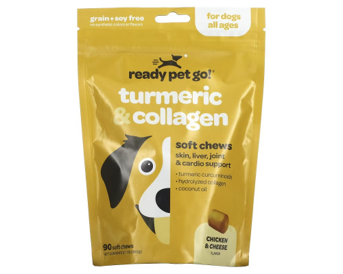 Ready Pet Go, Куркума и коллаген, для собак всех возрастов, со вкусом курицы и сыра, 90 мягких жевательных таблеток, 360 г, (12,7 унции) Ready Pet Go, Куркума и коллаген, для собак всех возрастов, со вкусом курицы и сыра, 90 мягких жевательных таблеток, 360 г, (12,7 унции)