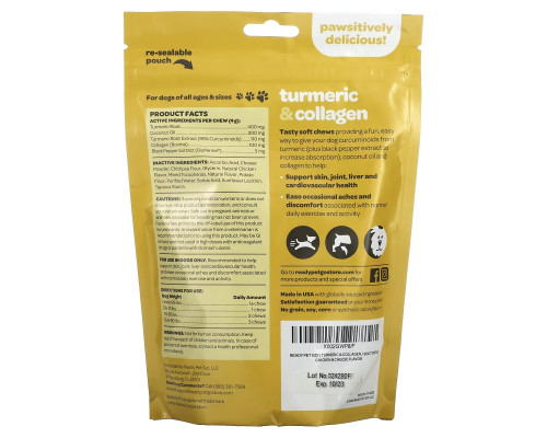 Ready Pet Go, Куркума и коллаген, для собак всех возрастов, со вкусом курицы и сыра, 90 мягких жевательных таблеток, 360 г, (12,7 унции) Ready Pet Go, Куркума и коллаген, для собак всех возрастов, со вкусом курицы и сыра, 90 мягких жевательных таблеток, 360 г, (12,7 унции)