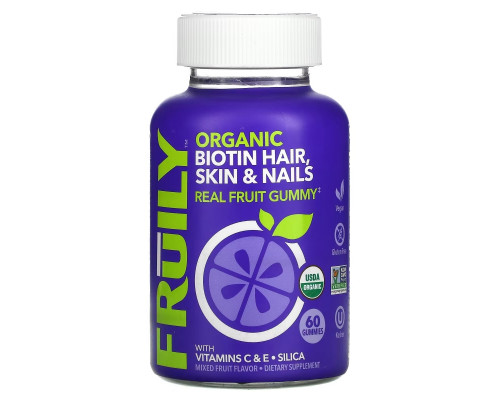 Fruily, Organic Biotin Hair, Skin & Nails with Vitamins C & E, Silica, Mixed Fruit, 60 Gummies Fruily, Organic Biotin Hair, Skin & Nails with Vitamins C & E, Silica, Mixed Fruit, 60 Gummies