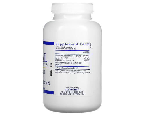 Vital Nutrients, Betaine HCl, Pepsin, Gentian Root Extract, 225 Capsules Vital Nutrients, Betaine HCl, Pepsin, Gentian Root Extract, 225 Capsules
