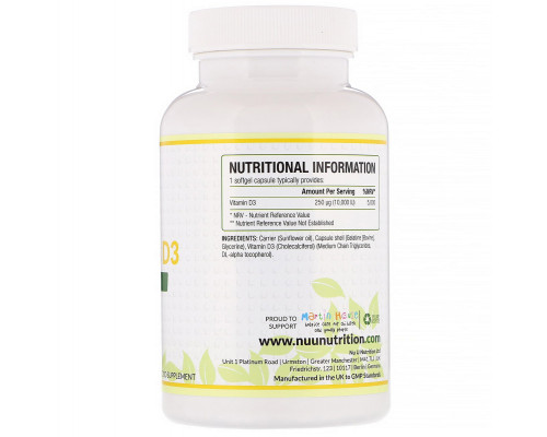 Nu U Nutrition, Vitamin D3, 10,000 IU, 365 Softgel Capsules Nu U Nutrition, Vitamin D3, 10,000 IU, 365 Softgel Capsules