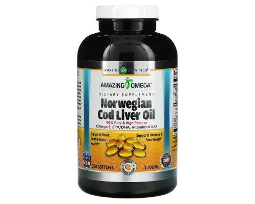 Amazing Nutrition, Norwegian Cod Liver Oil, Fresh Orange, 1,000 mg, 250 Softgels Amazing Nutrition, Norwegian Cod Liver Oil, Fresh Orange, 1,000 mg, 250 Softgels