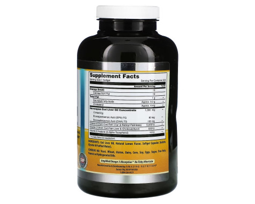 Amazing Nutrition, Жир печени норвежской трески, лимон, 1000 мг, 250 мягких таблеток Amazing Nutrition, Жир печени норвежской трески, лимон, 1000 мг, 250 мягких таблеток