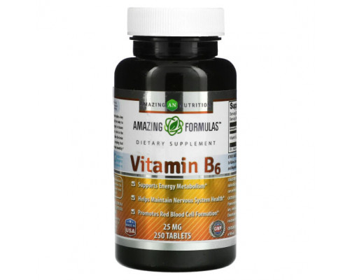 Витамины группы B Amazing Nutrition, Витамин B6, 25 мг, 250 таблеток Витамины группы B Amazing Nutrition, Витамин B6, 25 мг, 250 таблеток