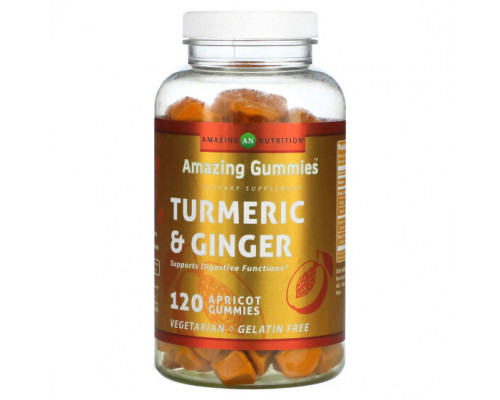 Имбирь и куркума Amazing Nutrition, Amazing Gummies, куркума и имбирь, абрикос, 120 жевательных таблеток Имбирь и куркума Amazing Nutrition, Amazing Gummies, куркума и имбирь, абрикос, 120 жевательных таблеток