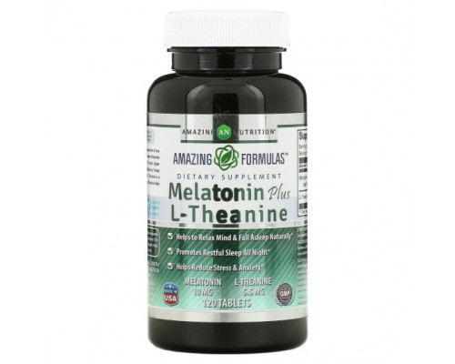 Аминокислоты Amazing Nutrition, Мелатонин с L-теанином, 10 мг, 120 таблеток Аминокислоты Amazing Nutrition, Мелатонин с L-теанином, 10 мг, 120 таблеток
