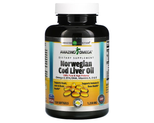 Amazing Nutrition, Norwegian Cod Liver Oil, Lemon, 1,250 mg, 120 Softgels Amazing Nutrition, Norwegian Cod Liver Oil, Lemon, 1,250 mg, 120 Softgels