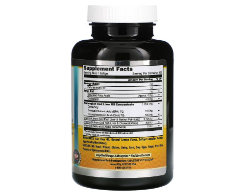 Amazing Nutrition, Norwegian Cod Liver Oil, Lemon, 1,250 mg, 120 Softgels Amazing Nutrition, Norwegian Cod Liver Oil, Lemon, 1,250 mg, 120 Softgels