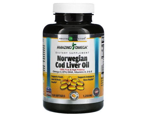 Amazing Nutrition, Norwegian Cod Liver Oil, Orange, 1,250 mg, 120 Softgels Amazing Nutrition, Norwegian Cod Liver Oil, Orange, 1,250 mg, 120 Softgels