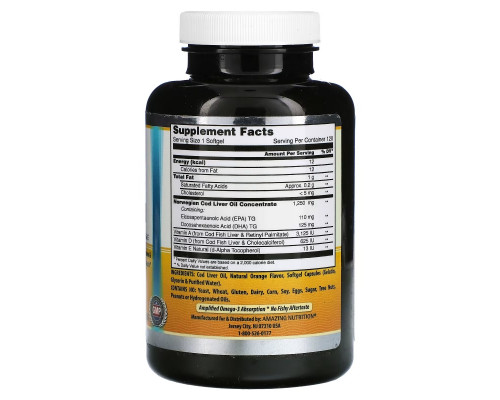 Amazing Nutrition, Norwegian Cod Liver Oil, Orange, 1,250 mg, 120 Softgels Amazing Nutrition, Norwegian Cod Liver Oil, Orange, 1,250 mg, 120 Softgels