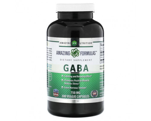 Аминокислоты Amazing Nutrition, ГАМК, 750 мг, 300 растительных капсул Аминокислоты Amazing Nutrition, ГАМК, 750 мг, 300 растительных капсул