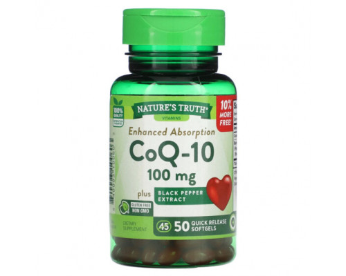 Коэнзим Q10 Nature's Truth, CoQ-10, Enhanced Absorption, 100 mg, 50 Quick Release Softgels Коэнзим Q10 Nature's Truth, CoQ-10, Enhanced Absorption, 100 mg, 50 Quick Release Softgels