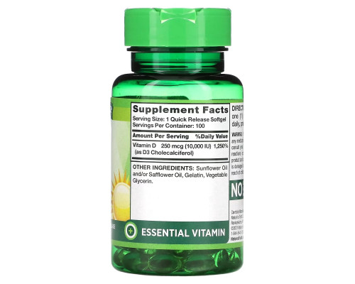 Nature's Truth, Vitamin D3, High Potency, 250 mcg (10,000 IU), 100 Quick Release Softgels Nature's Truth, Vitamin D3, High Potency, 250 mcg (10,000 IU), 100 Quick Release Softgels