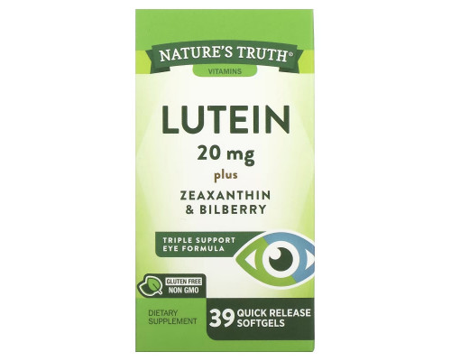 Nature's Truth, Lutein plus Zeaxanthin & Bilberry, 20 mg, 39 Quick Release Softgels Nature's Truth, Lutein plus Zeaxanthin & Bilberry, 20 mg, 39 Quick Release Softgels