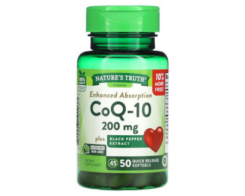 Коэнзим Q10 Nature's Truth, Enhanced Absorbs, CoQ-10, 200 мг, 50 капсул с быстрым высвобождением Коэнзим Q10 Nature's Truth, Enhanced Absorbs, CoQ-10, 200 мг, 50 капсул с быстрым высвобождением