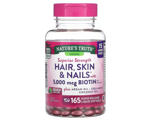 Nature's Truth, Hair, Skin & Nails with Biotin, 5,000 mcg , 165 Rapid Release Liquid Softgels Nature's Truth, Hair, Skin & Nails with Biotin, 5,000 mcg , 165 Rapid Release Liquid Softgels