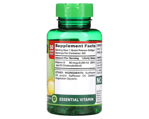 Nature's Truth, High Potency Vitamin D3, 50 mcg (2,000 IU), 300 Quick Release Softgels Nature's Truth, High Potency Vitamin D3, 50 mcg (2,000 IU), 300 Quick Release Softgels