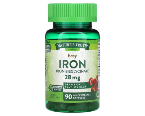 Железо Nature's Truth, Easy Iron, 28 мг, 90 капсул быстрого высвобождения Железо Nature's Truth, Easy Iron, 28 мг, 90 капсул быстрого высвобождения