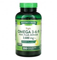 Рыбий жир и Омега 3, 6, 9 Nature's Truth, Vitamins, Triple Omega 3-6-9, рыба, лен, бурачник, 1200 мг, 200 капсул быстрого действия