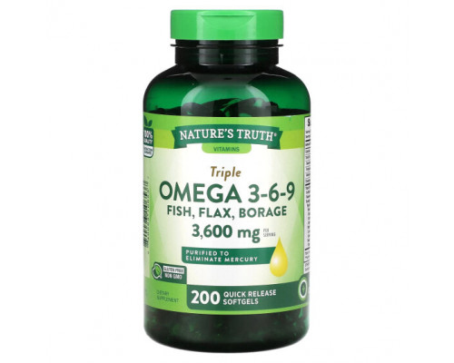Рыбий жир и Омега 3, 6, 9 Nature's Truth, Vitamins, Triple Omega 3-6-9, рыба, лен, бурачник, 1200 мг, 200 капсул быстрого действия Рыбий жир и Омега 3, 6, 9 Nature's Truth, Vitamins, Triple Omega 3-6-9, рыба, лен, бурачник, 1200 мг, 200 капсул быстрого действия