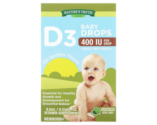 Витамин D Nature's Truth, Vitamins, капли для детей D3, для новорожденных, 400 МЕ, 9,2 мл (0,31 жидк. Унции) Витамин D Nature's Truth, Vitamins, капли для детей D3, для новорожденных, 400 МЕ, 9,2 мл (0,31 жидк. Унции)