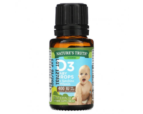 Витамин D Nature's Truth, Vitamins, капли для детей D3, для новорожденных, 400 МЕ, 9,2 мл (0,31 жидк. Унции) Витамин D Nature's Truth, Vitamins, капли для детей D3, для новорожденных, 400 МЕ, 9,2 мл (0,31 жидк. Унции)
