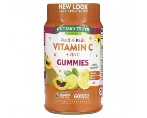 Детское здоровье Nature's Truth, Just 4 Kids, витамин C и цинк, натуральный лимонный вкус, 60 веганских жевательных мармеладок Детское здоровье Nature's Truth, Just 4 Kids, витамин C и цинк, натуральный лимонный вкус, 60 веганских жевательных мармеладок