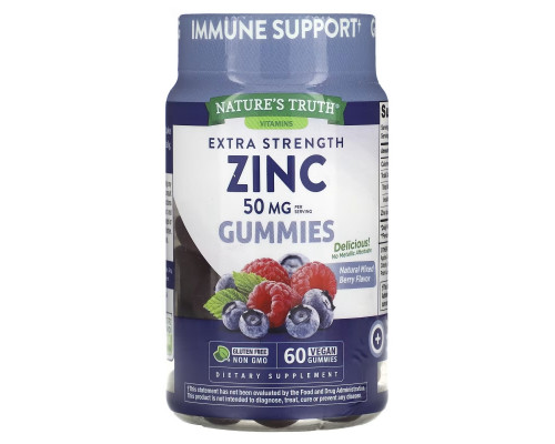 Nature's Truth, Extra Strength Zinc, Natural Mixed Berry, 50 mg, 60 Vegan Gummies Nature's Truth, Extra Strength Zinc, Natural Mixed Berry, 50 mg, 60 Vegan Gummies