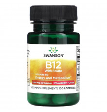 Swanson, Vitamin B12 with Folate, Strawberry, 1,000 mcg, 100 Lozenges