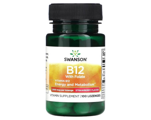 Swanson, Vitamin B12 with Folate, Strawberry, 1,000 mcg, 100 Lozenges Swanson, Vitamin B12 with Folate, Strawberry, 1,000 mcg, 100 Lozenges