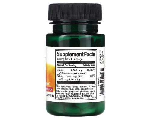 Swanson, Vitamin B12 with Folate, Strawberry, 1,000 mcg, 100 Lozenges Swanson, Vitamin B12 with Folate, Strawberry, 1,000 mcg, 100 Lozenges
