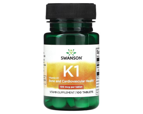 Swanson, Витамин K1, 100 мкг, 100 таблеток Swanson, Витамин K1, 100 мкг, 100 таблеток
