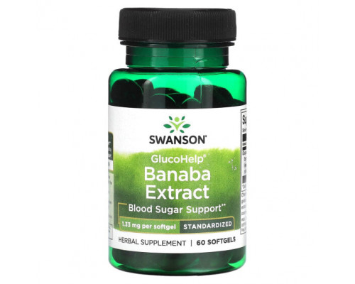 Растительные экстракты и настойки Swanson, GlucoHelp, экстракт банабы, 1,33 мг, 60 мягких таблеток Растительные экстракты и настойки Swanson, GlucoHelp, экстракт банабы, 1,33 мг, 60 мягких таблеток