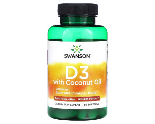Swanson, D3 with Coconut Oil, Highest Potency, 5,000 IU, 60 Softgels