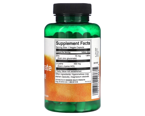 Swanson, Zinc Gluconate & L-Lysine, 90 Veggie Capsules Swanson, Zinc Gluconate & L-Lysine, 90 Veggie Capsules