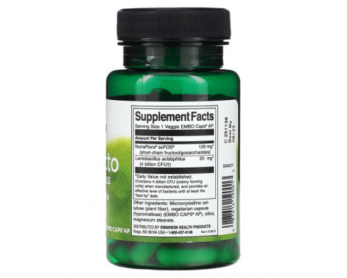 Пребиотики и пробиотики Swanson, ProLacto Acidophilus, 4 миллиарда КОЕ, 60 растительных капсул с ЭМБО Пребиотики и пробиотики Swanson, ProLacto Acidophilus, 4 миллиарда КОЕ, 60 растительных капсул с ЭМБО