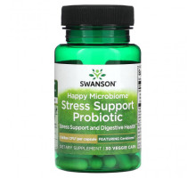 Пребиотики и пробиотики Swanson, Happy Microbiome Stress Support, пробиотик, 3 млрд КОЕ, 30 растительных капсул