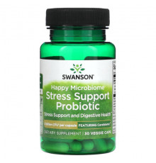 Пребиотики и пробиотики Swanson, Happy Microbiome Stress Support, пробиотик, 3 млрд КОЕ, 30 растительных капсул