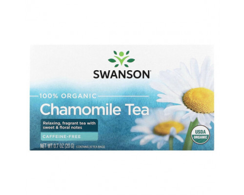 Травяные сборы и чаи Swanson, 100% органический ромашковый чай, без кофеина, 20 чайных пакетиков, 20 г (0,7 унции) Травяные сборы и чаи Swanson, 100% органический ромашковый чай, без кофеина, 20 чайных пакетиков, 20 г (0,7 унции)