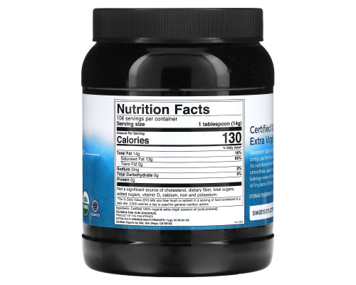 Swanson, Certified 100% Organic Extra Virgin Coconut Oil, 3 lbs 6 oz (1.53 kg) Swanson, Certified 100% Organic Extra Virgin Coconut Oil, 3 lbs 6 oz (1.53 kg)